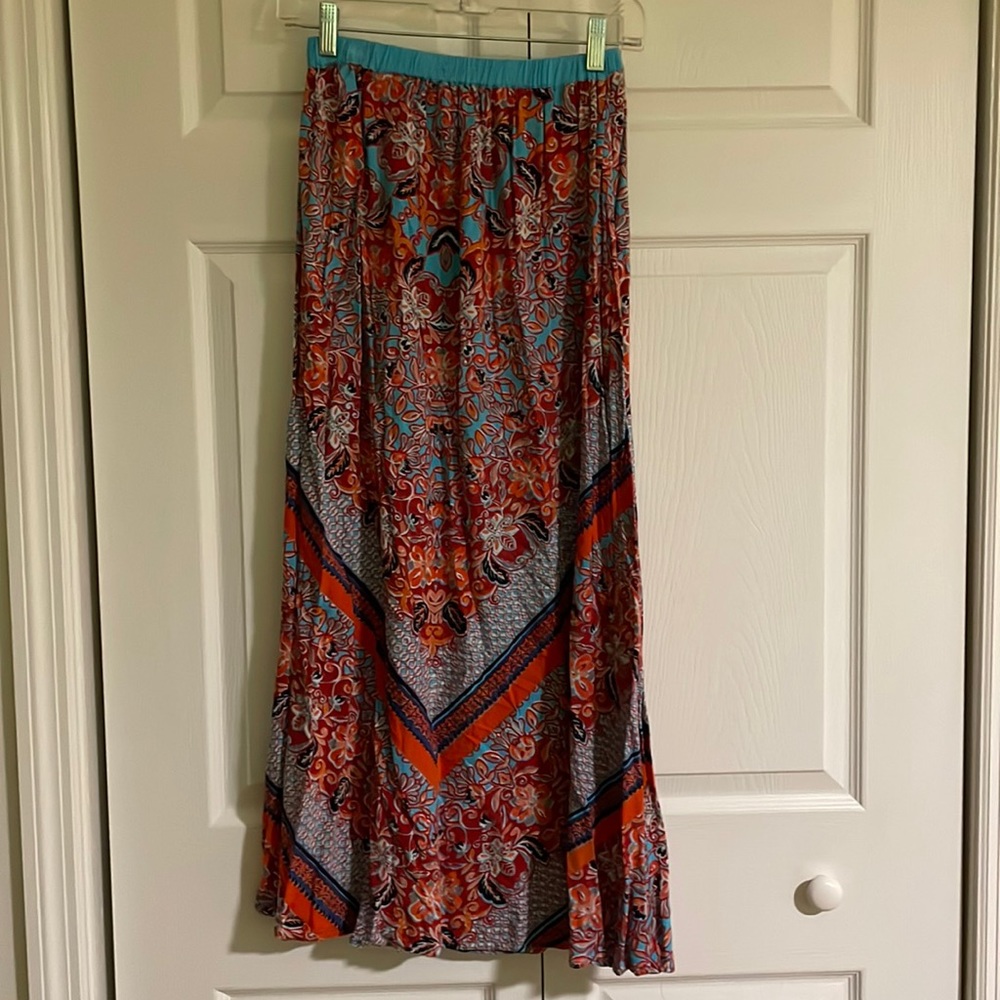 Angie Multicolor Floral Chevron Maxi Skirt - Red, Turquoise, Navy